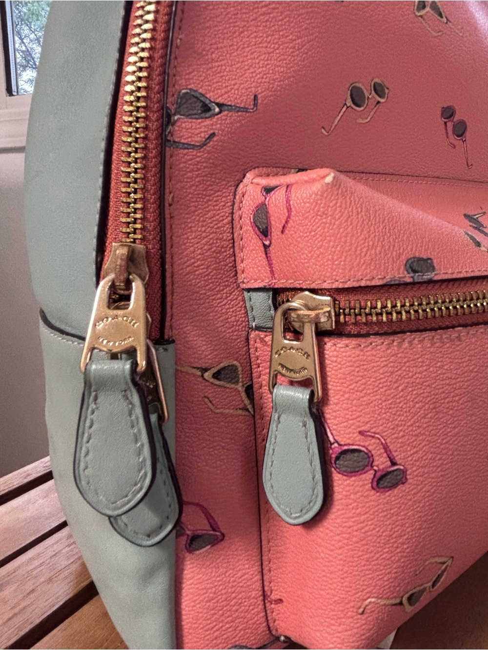 Coach Coral Mini Backpack with Pale Blue Trim and Sunglass Print - Picture 6 of 16